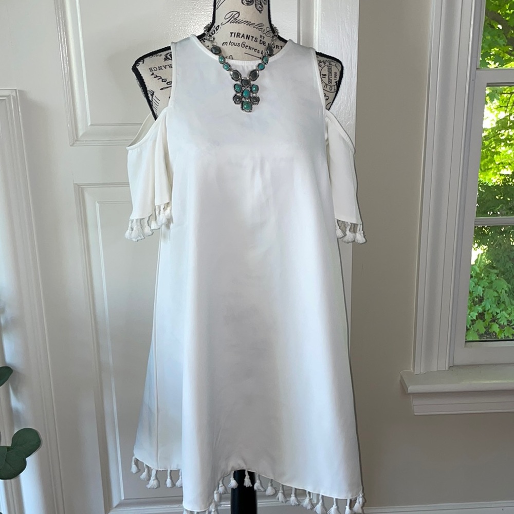 NWOT Optic Extra Cold Shoulder Tassel Dress Ivory